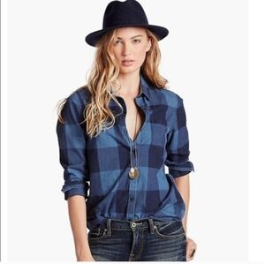 Lucky Brand Skylight Chambray DenimPlaid Women's Blue Plaid Button Down Shirt XS